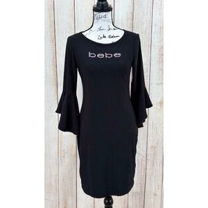 Bebe Women's Small NWT Swarovski Crystal Logo‎ Flared Sleeve Logo Dress Black